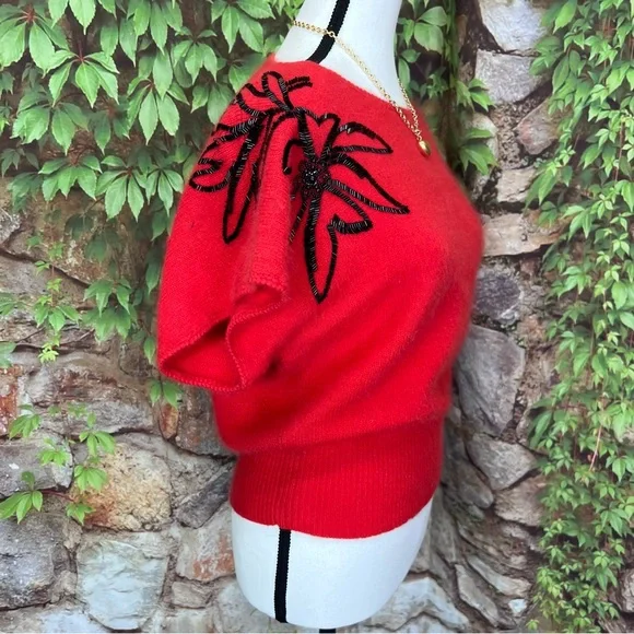 VINTAGE CHRISTIAN DIOR SEPARATES Beaded Red Lambswool Angora Sweater Blend, M - Picture 9 of 10